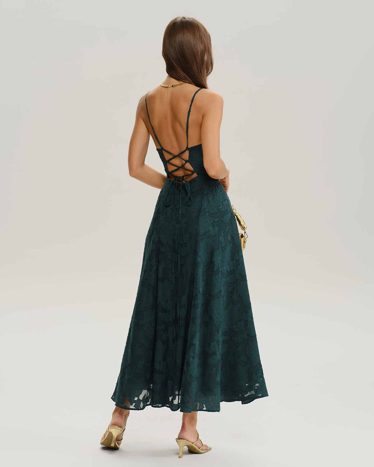 Vestido Maxi Slip Jacquard Verde en Línea A