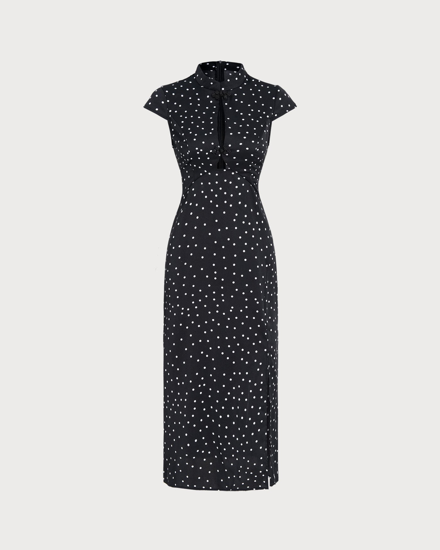 Black Mandarin Collar Polka Dot Midi Dress