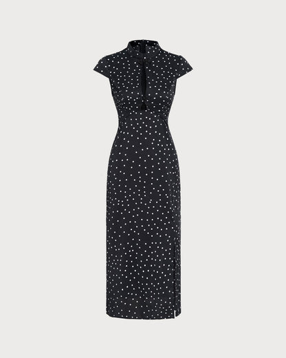 Black Mandarin Collar Polka Dot Midi Dress