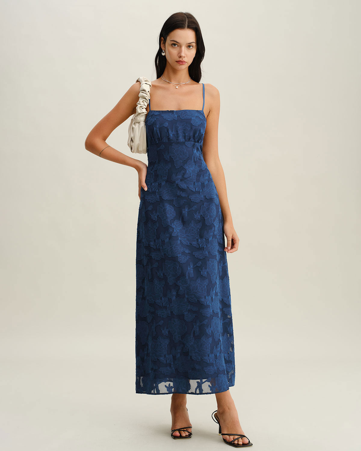 Blue Jacquard Ruched Slip Maxi Dress