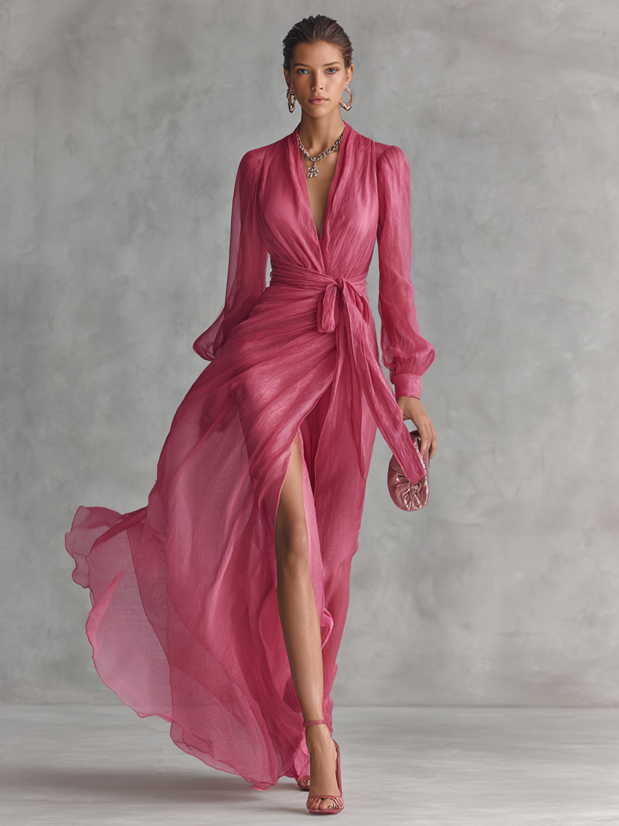 Mia | Vestido largo elegante de gasa rosa con escote en V