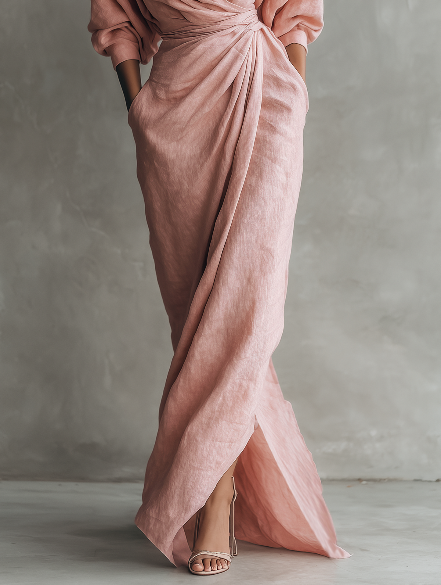 Taylor - Vestido largo minimalista rosa con escote en V de mezcla de lino para mujer