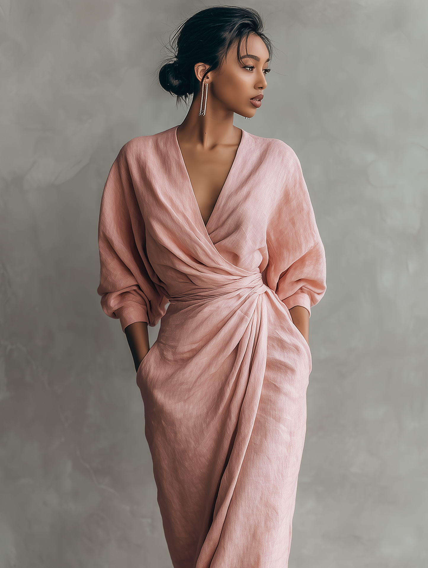 Taylor - Vestido largo minimalista rosa con escote en V de mezcla de lino para mujer