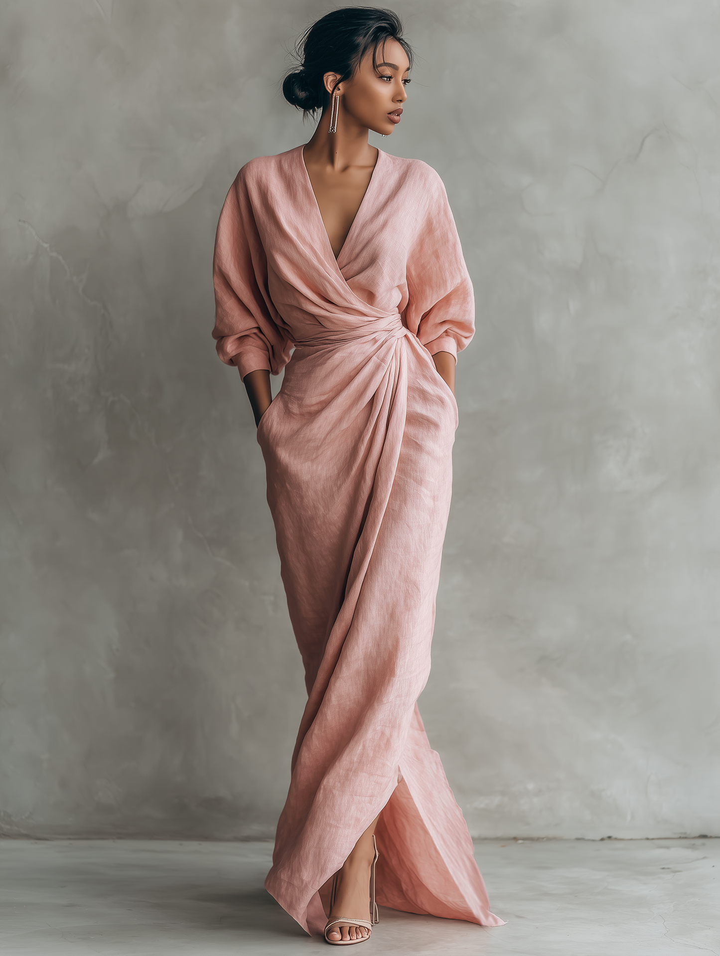 Taylor - Vestido largo minimalista rosa con escote en V de mezcla de lino para mujer