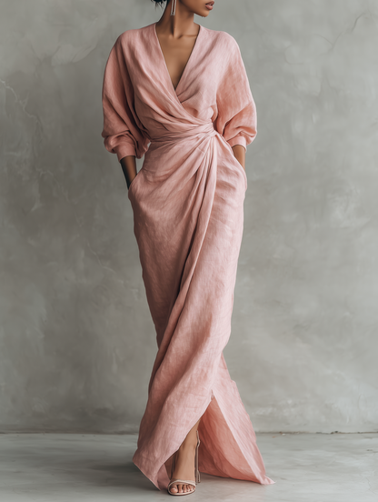 Taylor - Vestido largo minimalista rosa con escote en V de mezcla de lino para mujer