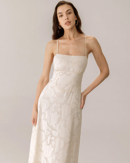 Blue Jacquard Ruched Slip Maxi Dress