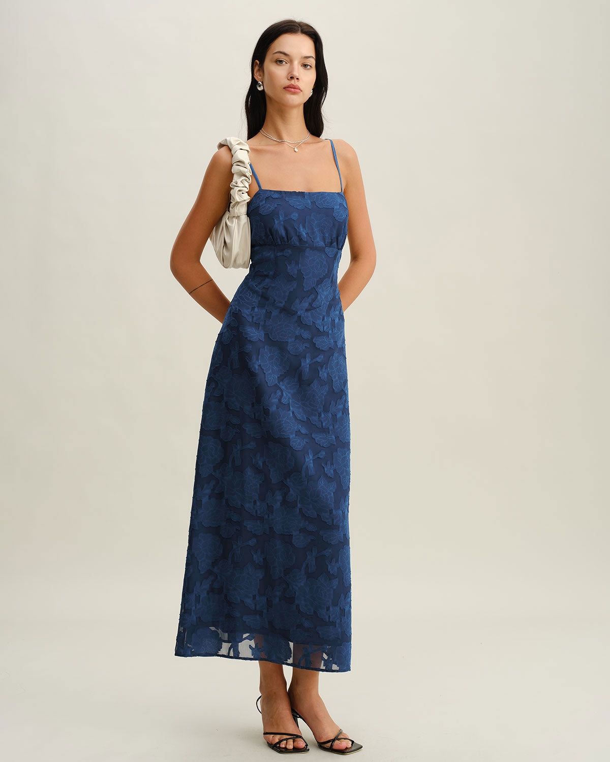 Blue Jacquard Ruched Slip Maxi Dress