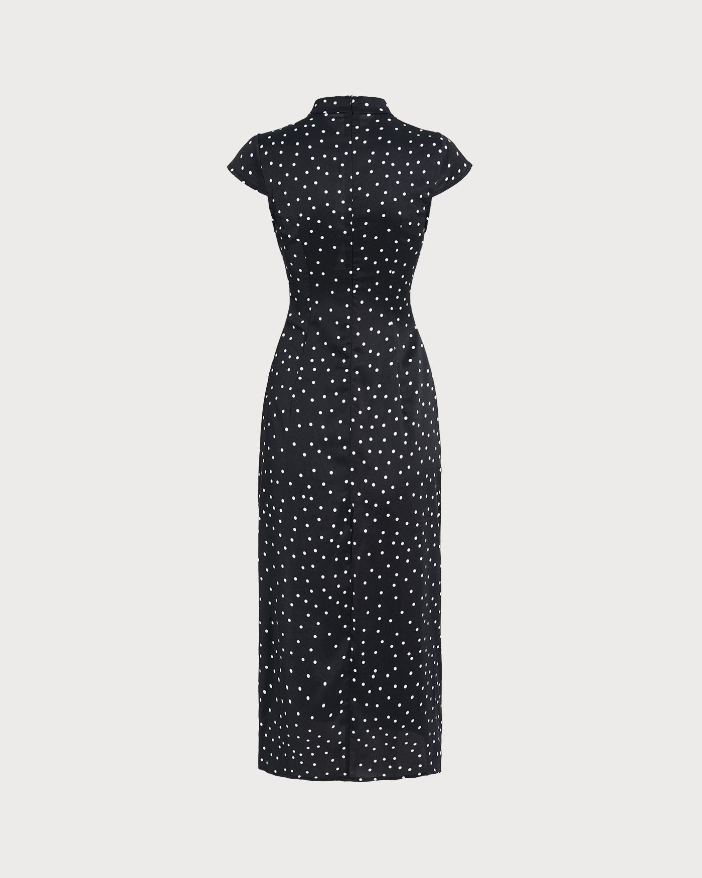 Black Mandarin Collar Polka Dot Midi Dress
