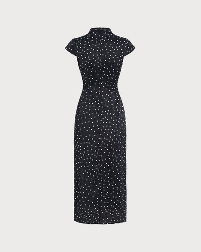 Black Mandarin Collar Polka Dot Midi Dress
