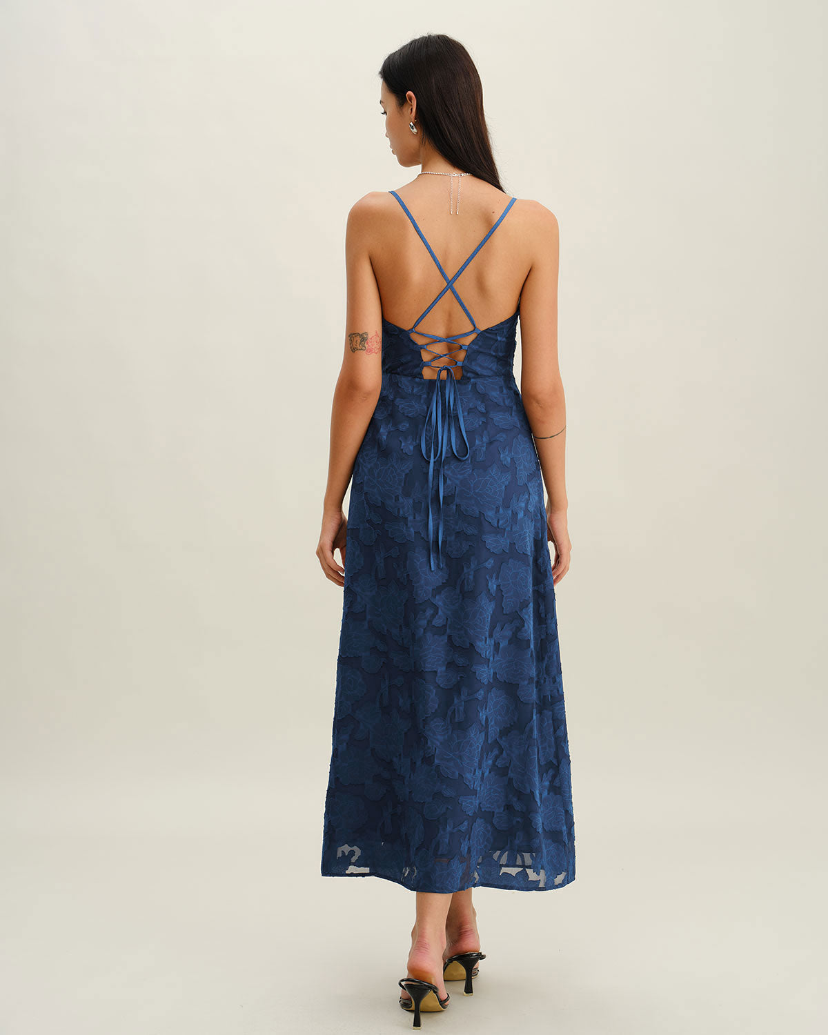 Blue Jacquard Ruched Slip Maxi Dress
