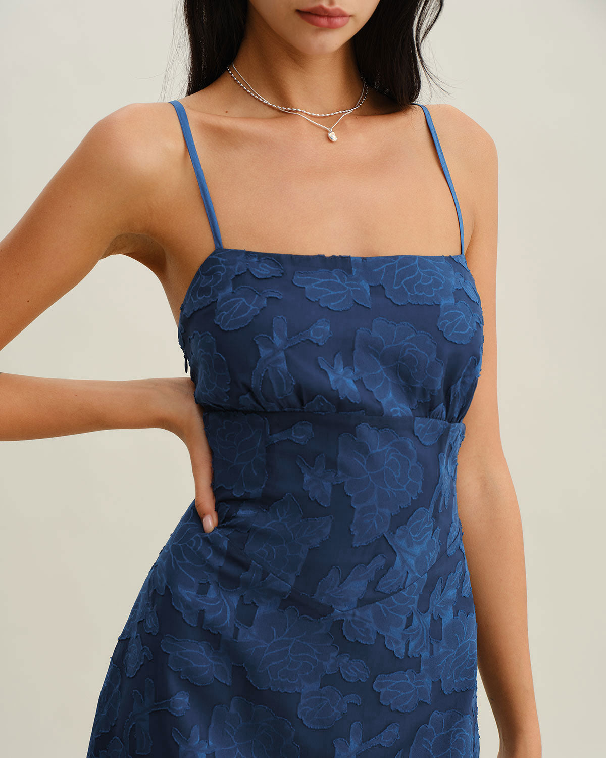 Blue Jacquard Ruched Slip Maxi Dress