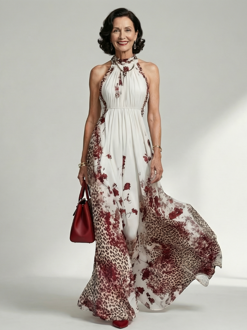 Orlune | Vestido largo plisado blanco con estampado floral