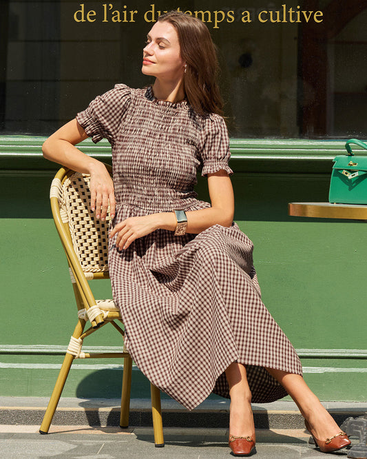Coffee Plaid Shirred Puffed Sleeve Midi Dress