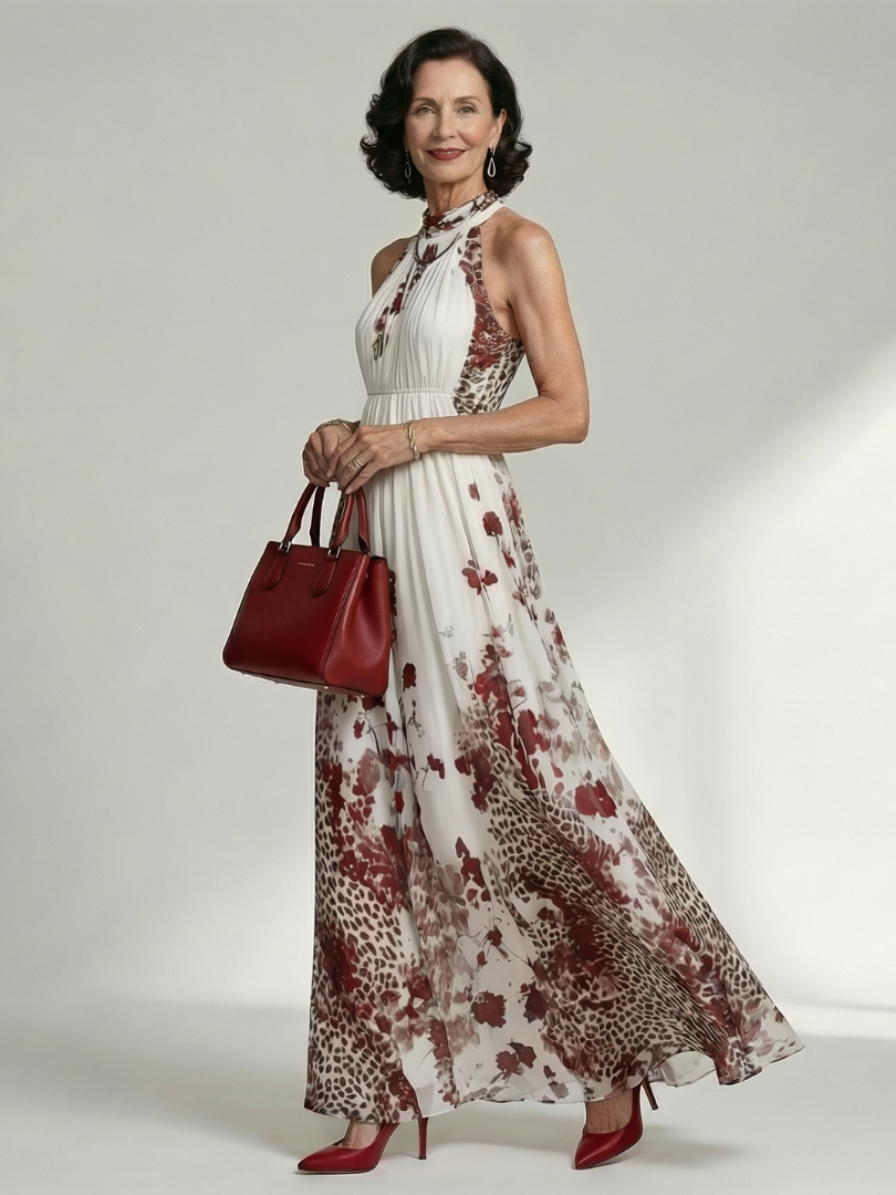 Orlune | Vestido largo plisado blanco con estampado floral