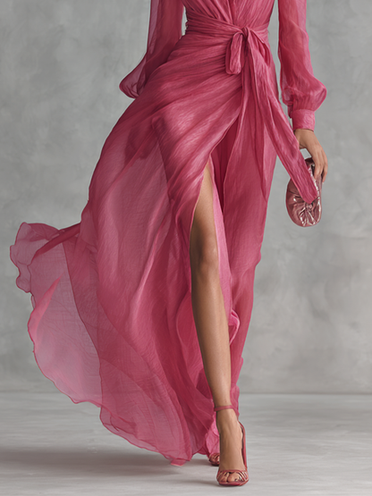 Mia | Vestido largo elegante de gasa rosa con escote en V
