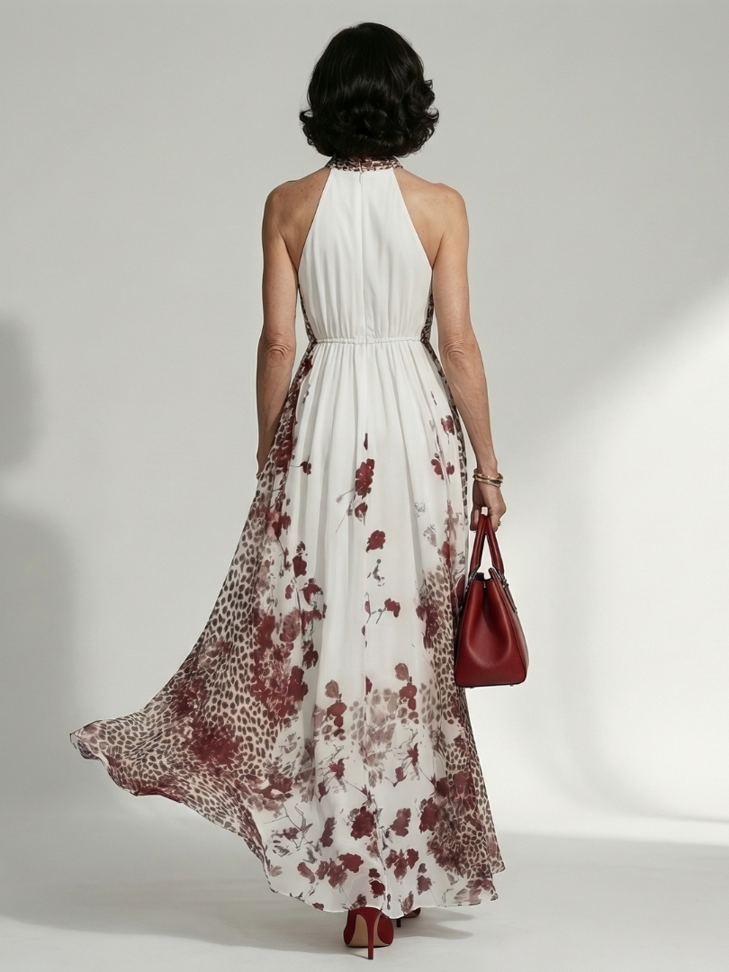 Orlune | Vestido largo plisado blanco con estampado floral