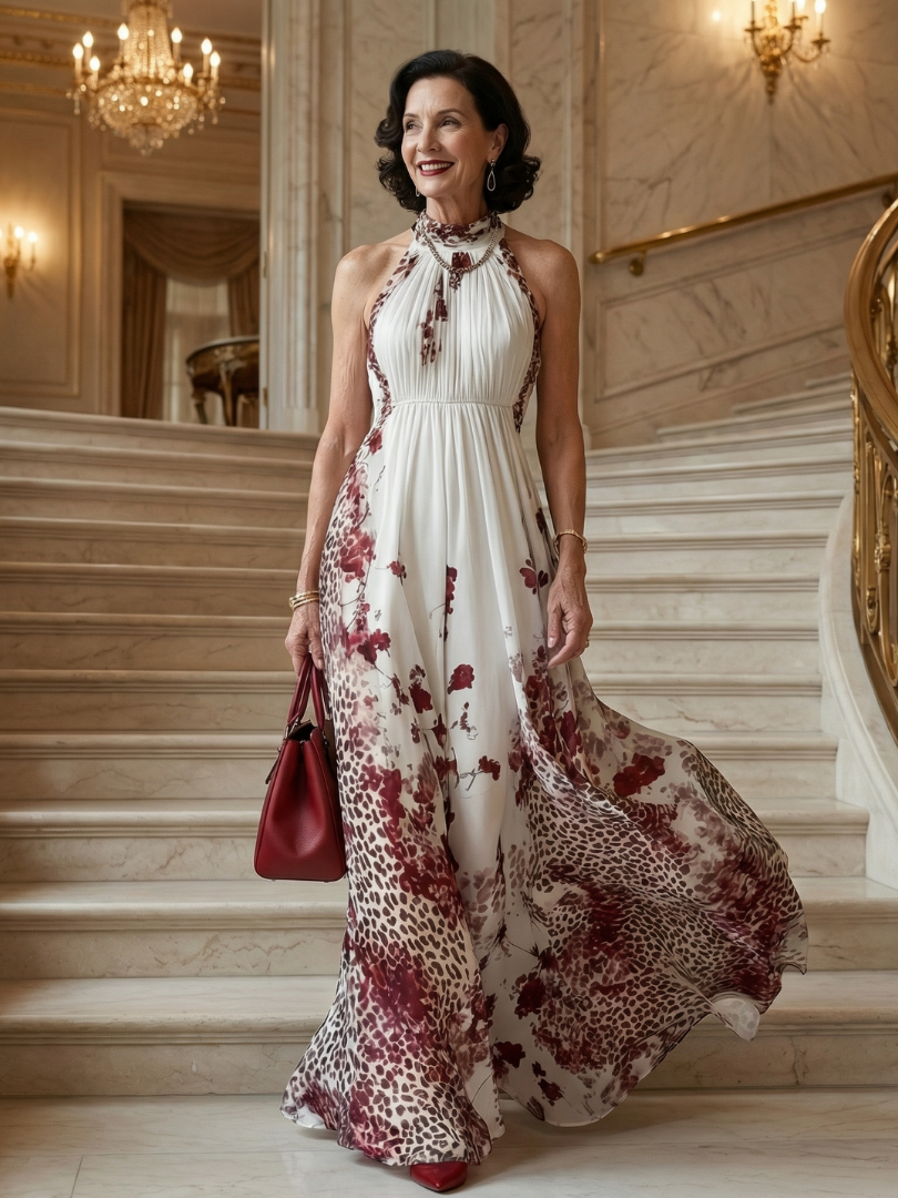 Orlune | Vestido largo plisado blanco con estampado floral