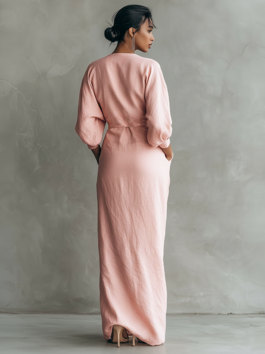 Taylor - Vestido largo minimalista rosa con escote en V de mezcla de lino para mujer