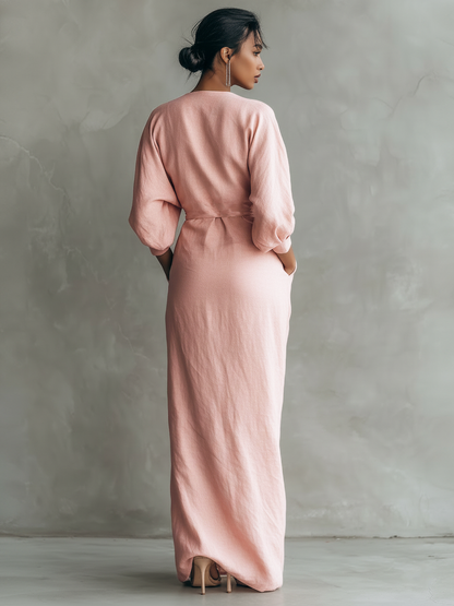 Taylor - Vestido largo minimalista rosa con escote en V de mezcla de lino para mujer