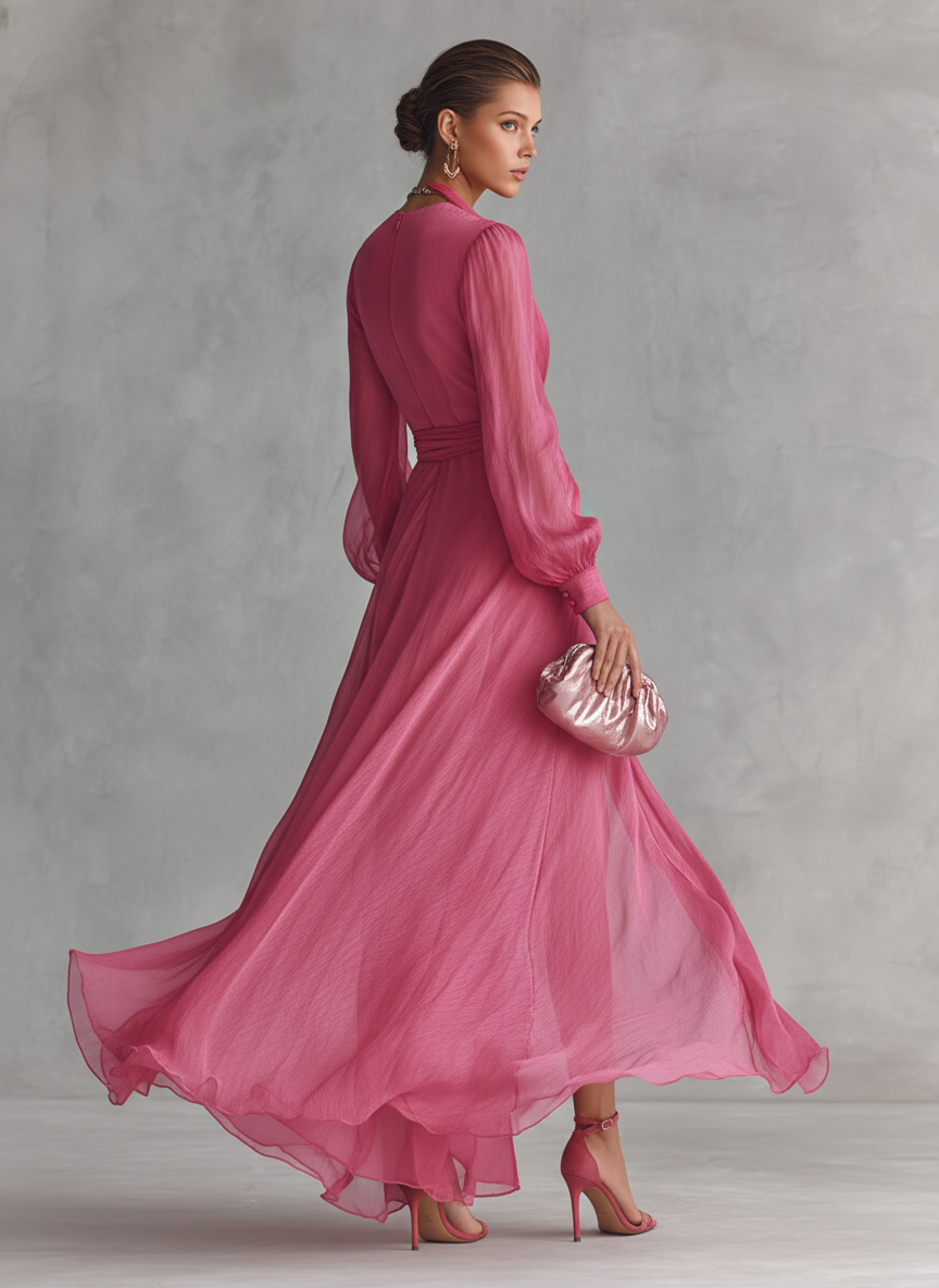 Mia | Vestido largo elegante de gasa rosa con escote en V