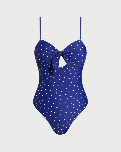 Azul Estampado Polka Dot Bañador de una pieza