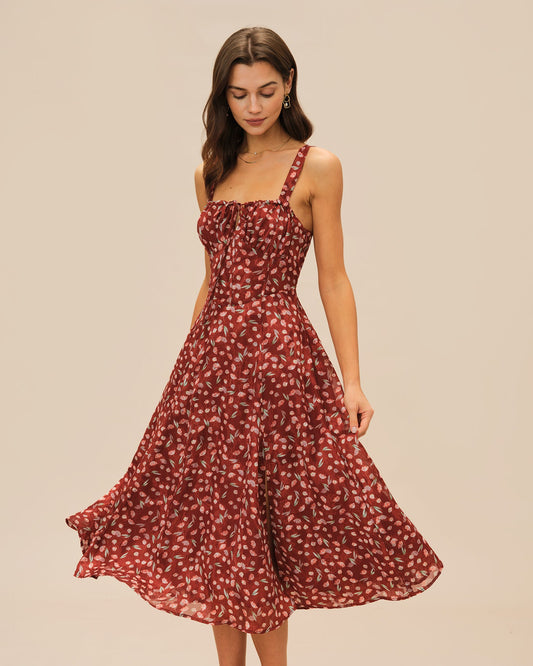 Wine Red Floral Slip Midi Dress