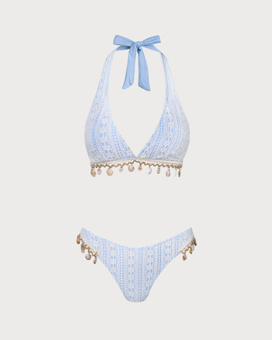 Azul Floral Halter Triángulo Conjunto de bikini