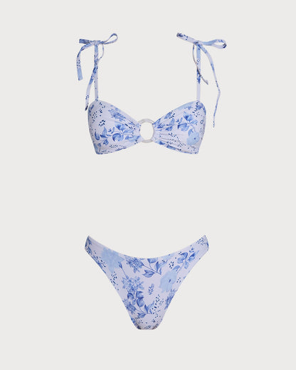 Blanco Floral Con lazo Strap Triángulo Conjunto de bikini