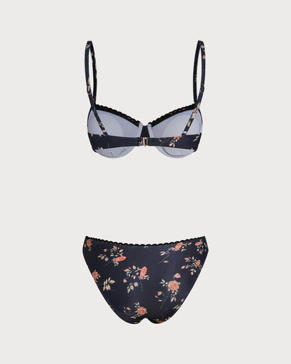 Azul marino Floral Con aro Conjunto de bikini