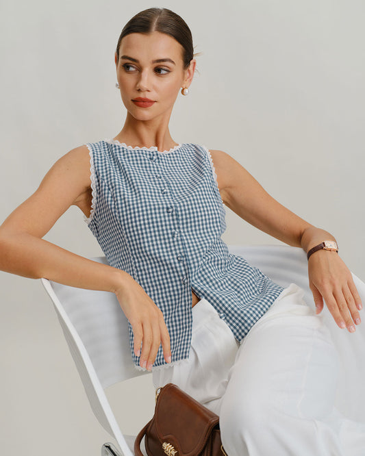 Blue Plaid Sleeveless Tank Top