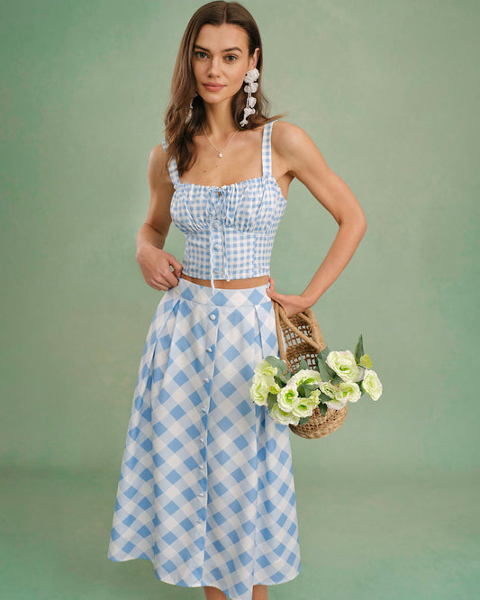 Blue X Cross Tie Plaid Cami Top