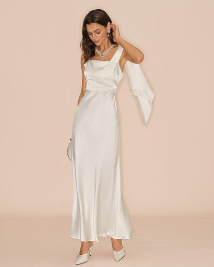 Off White Square Neck Satin Maxi Dress