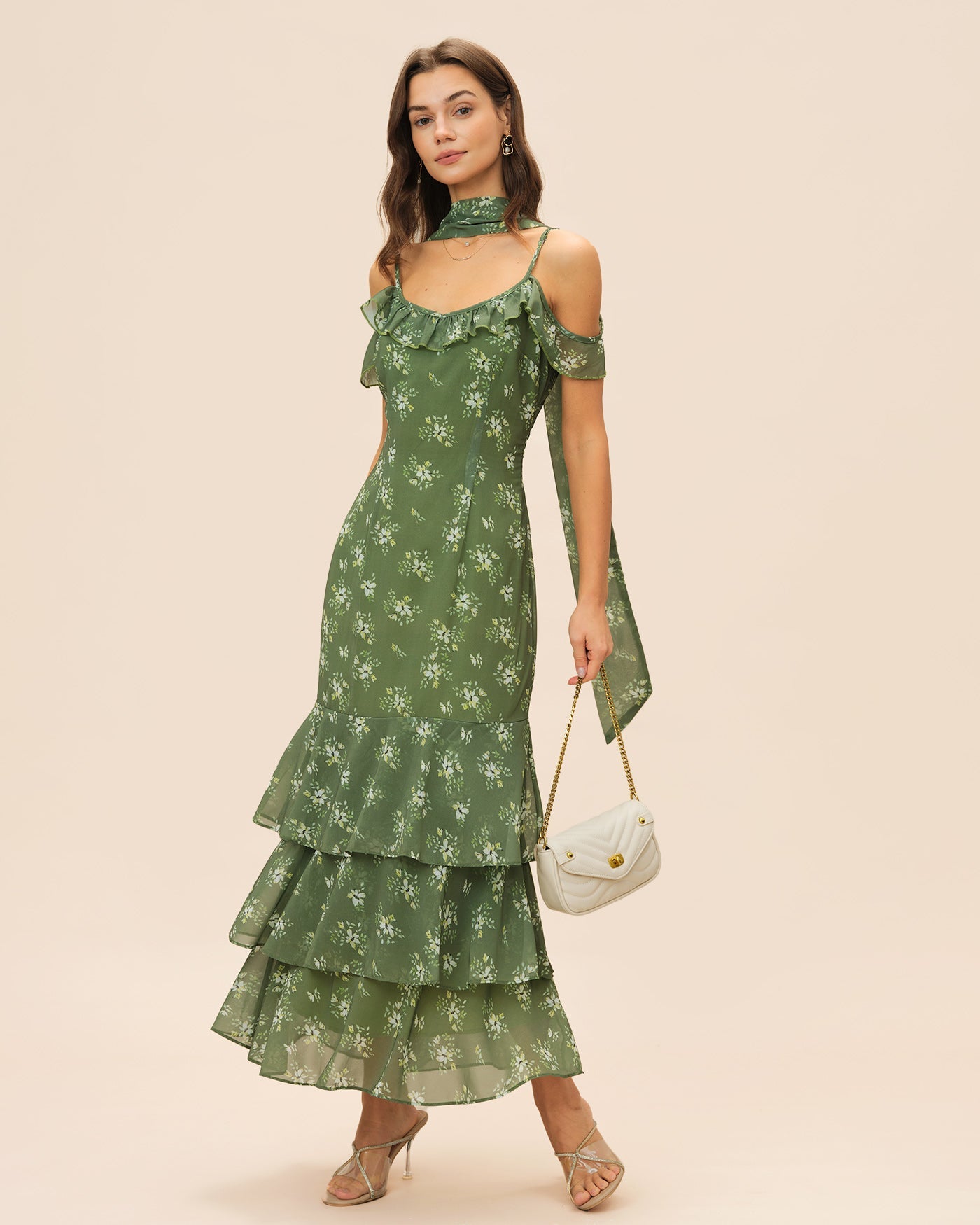 Vestido Maxi Floral Verde con Volantes y Escote en V