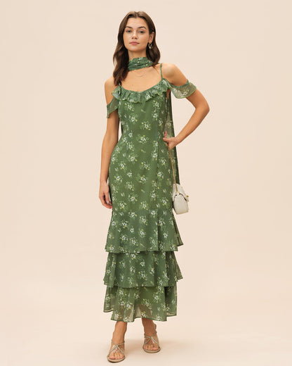 Vestido Maxi Floral Verde con Volantes y Escote en V