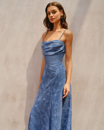 Blue Jacquard Ruched Slip Maxi Dress