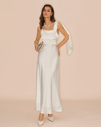 Off White Square Neck Satin Maxi Dress
