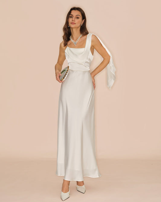 Off White Square Neck Satin Maxi Dress