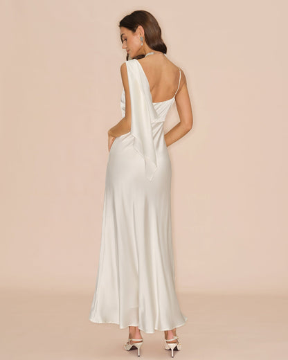 Off White Square Neck Satin Maxi Dress