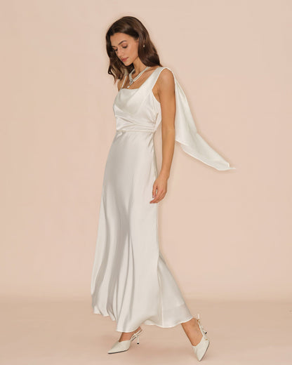 Off White Square Neck Satin Maxi Dress
