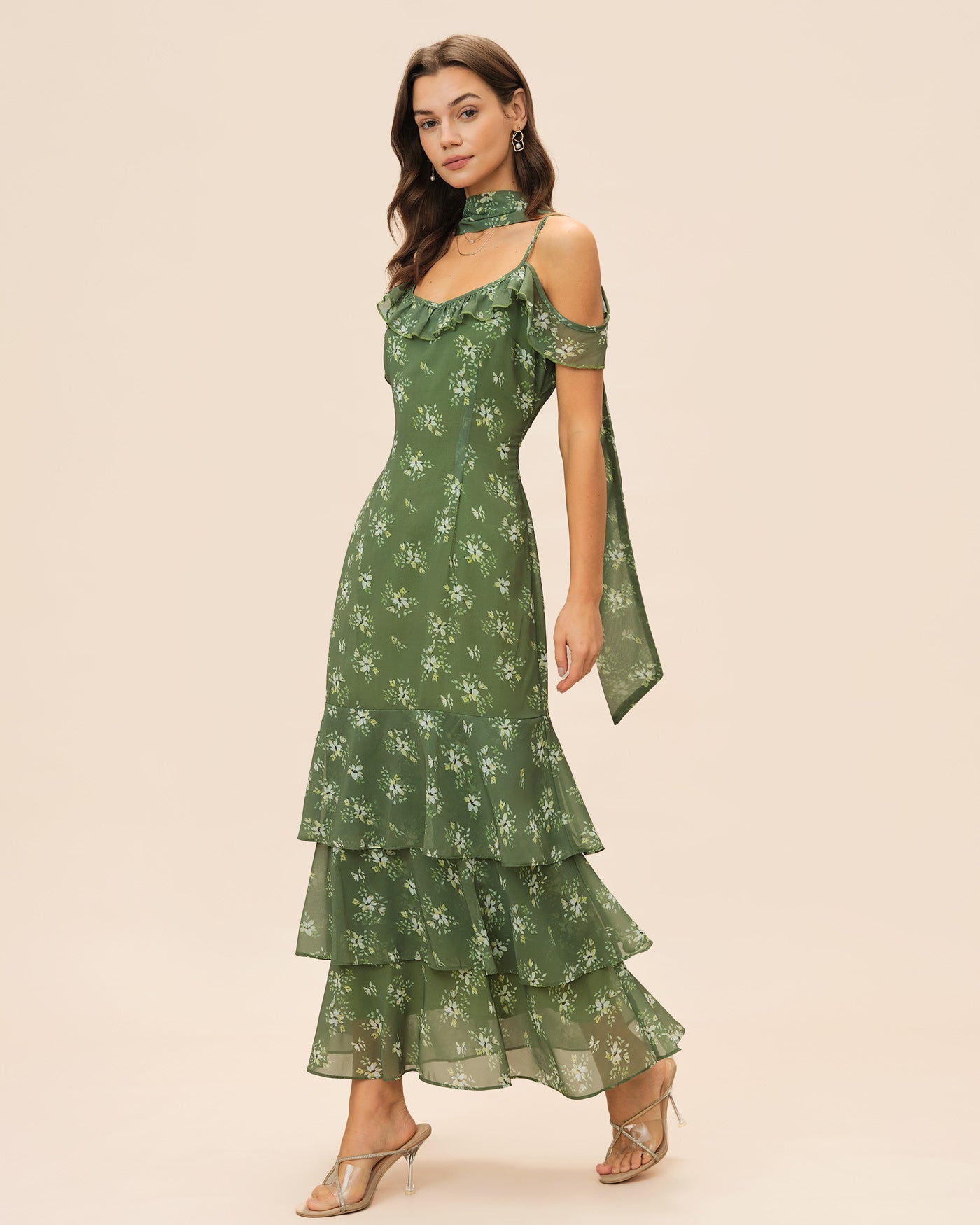 Vestido Maxi Floral Verde con Volantes y Escote en V