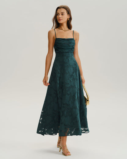Vestido Maxi Slip Jacquard Verde en Línea A