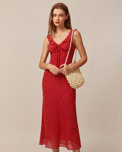 Red Floral V Neck Ruffle Maxi Dress