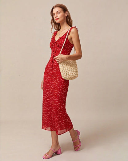 Red Floral V Neck Ruffle Maxi Dress