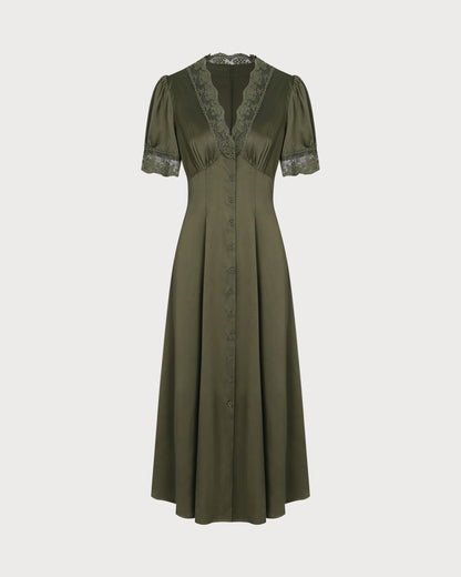 Vestido Midi Verde de Satén con Encaje