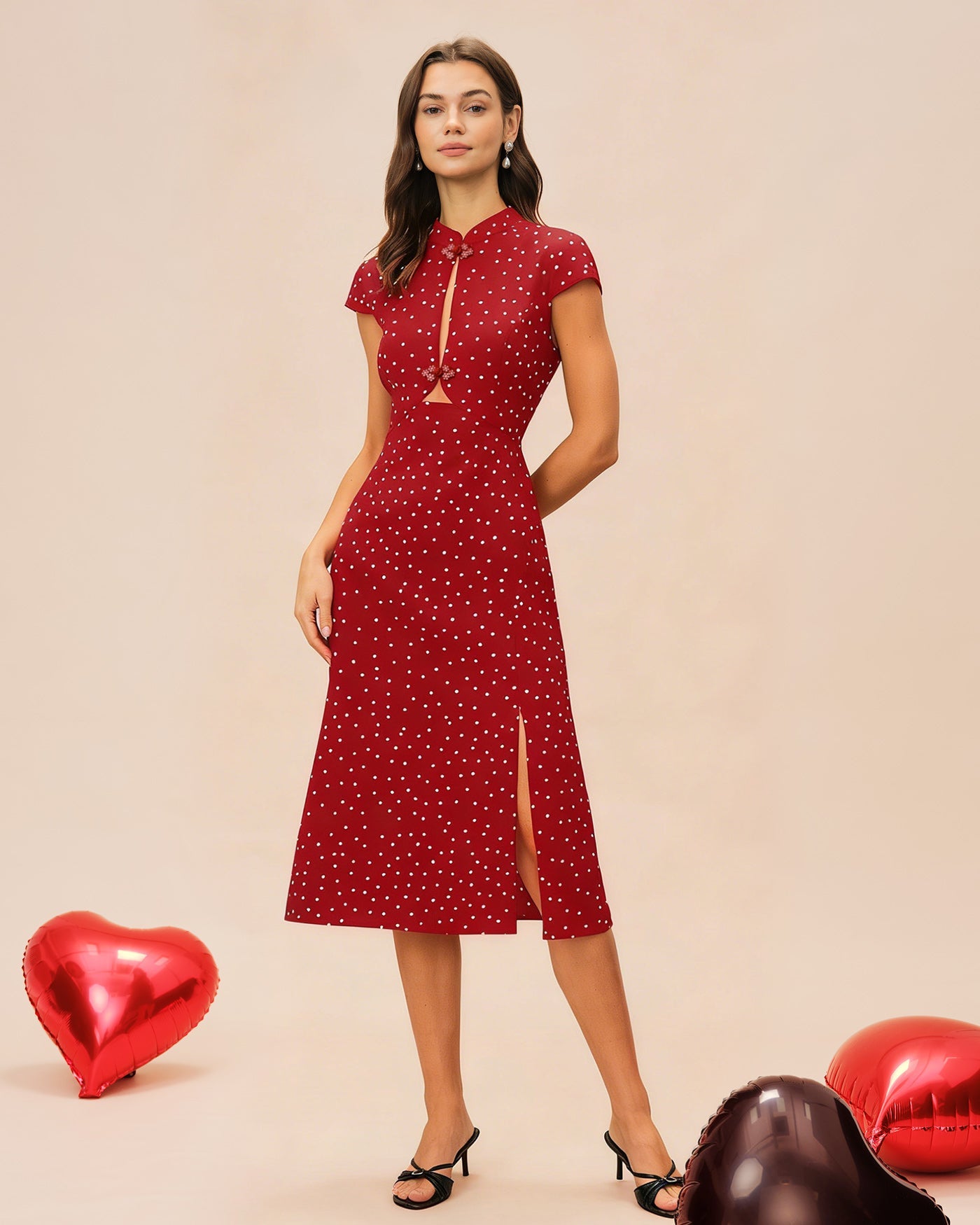 Black Mandarin Collar Polka Dot Midi Dress