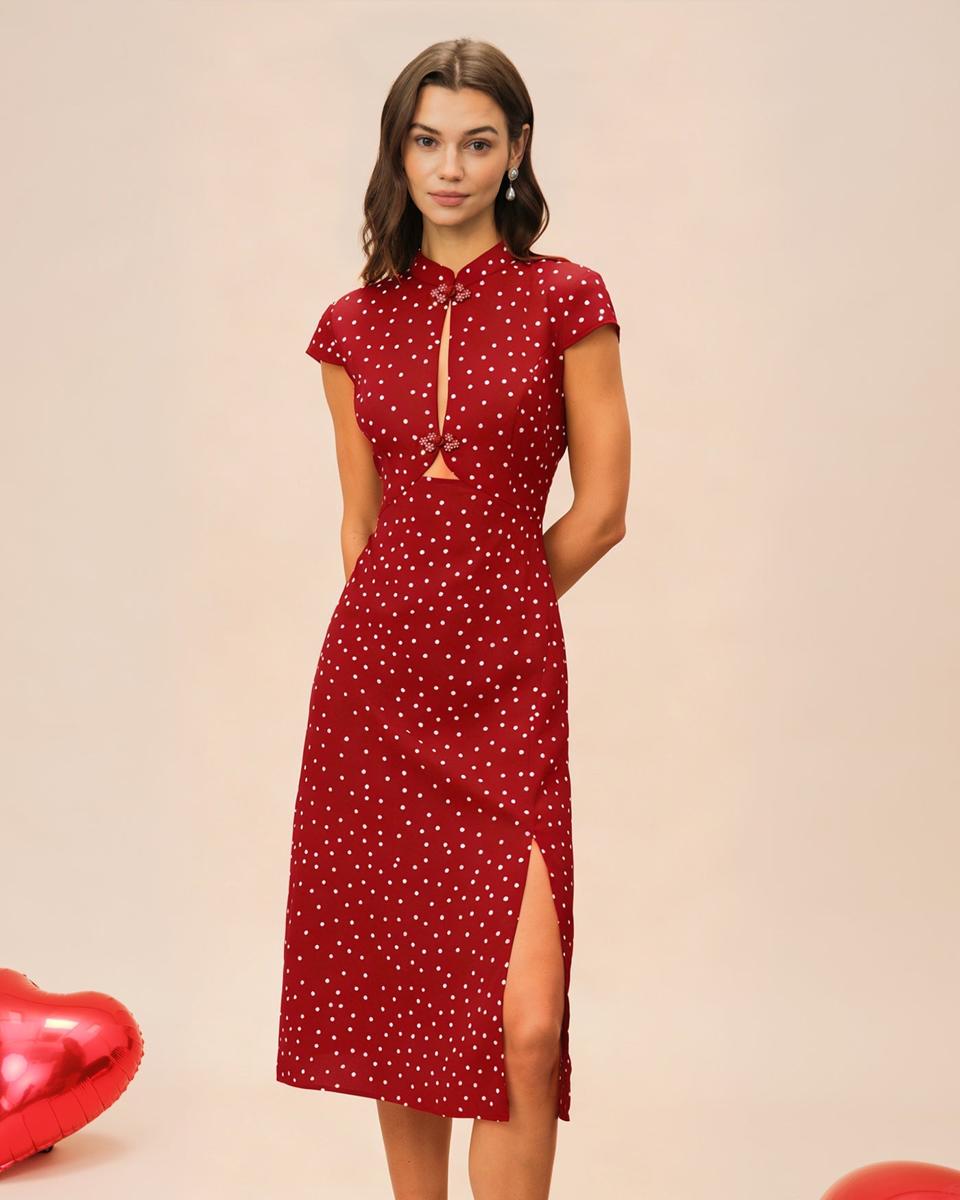 Black Mandarin Collar Polka Dot Midi Dress