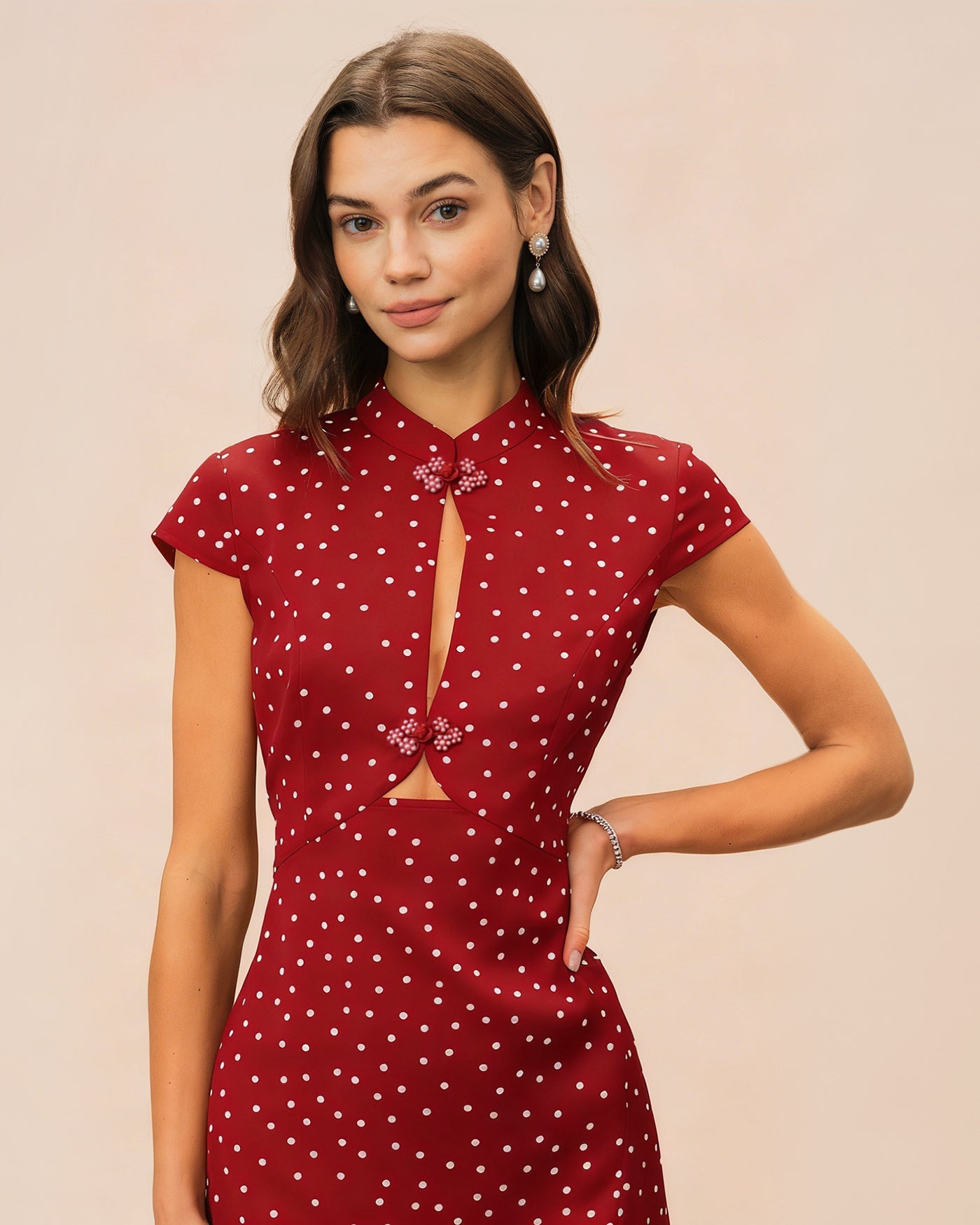 Black Mandarin Collar Polka Dot Midi Dress
