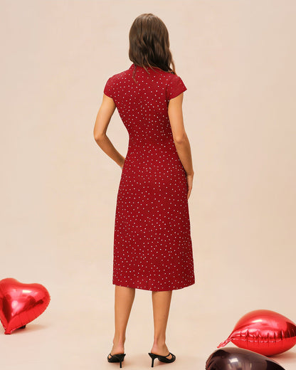 Black Mandarin Collar Polka Dot Midi Dress
