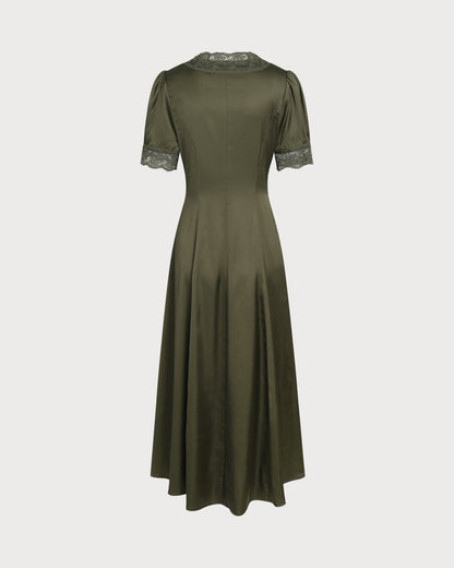 Vestido Midi Verde de Satén con Encaje