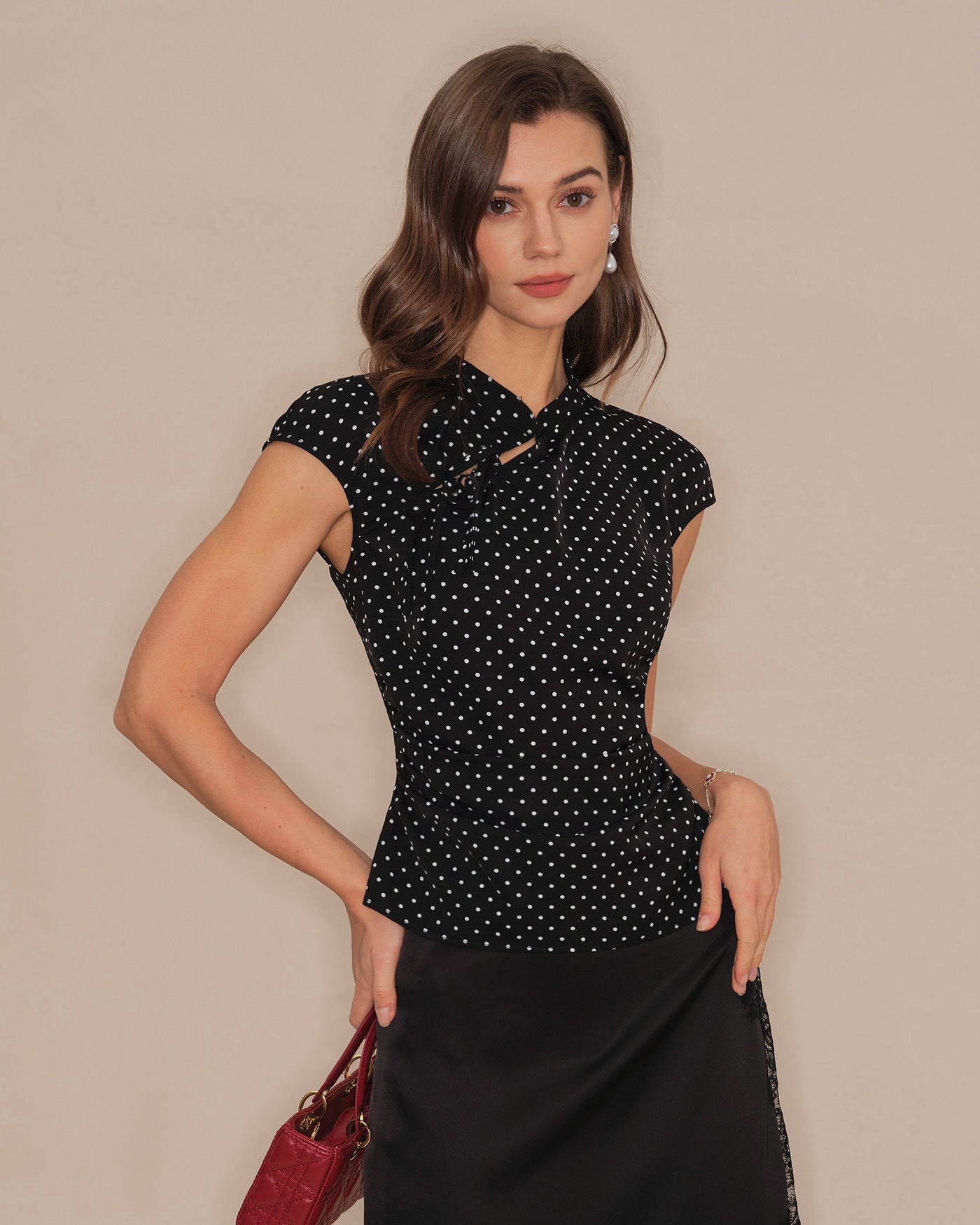 Black Polka Dot Mandarin Collar Tee